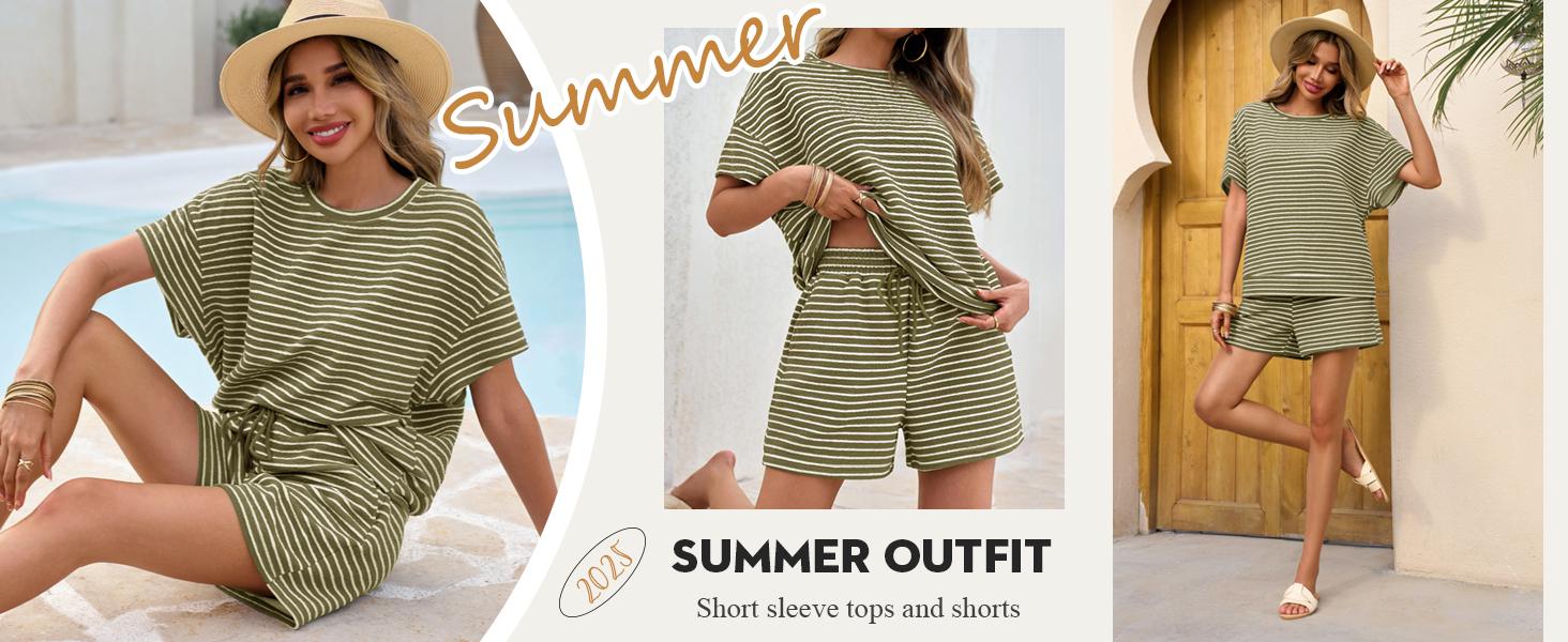 Aoysky Womens Striped 2 Piece Lounge Sets Short Sleeve Oversized T Shirts Drawstring Shorts Matching Set