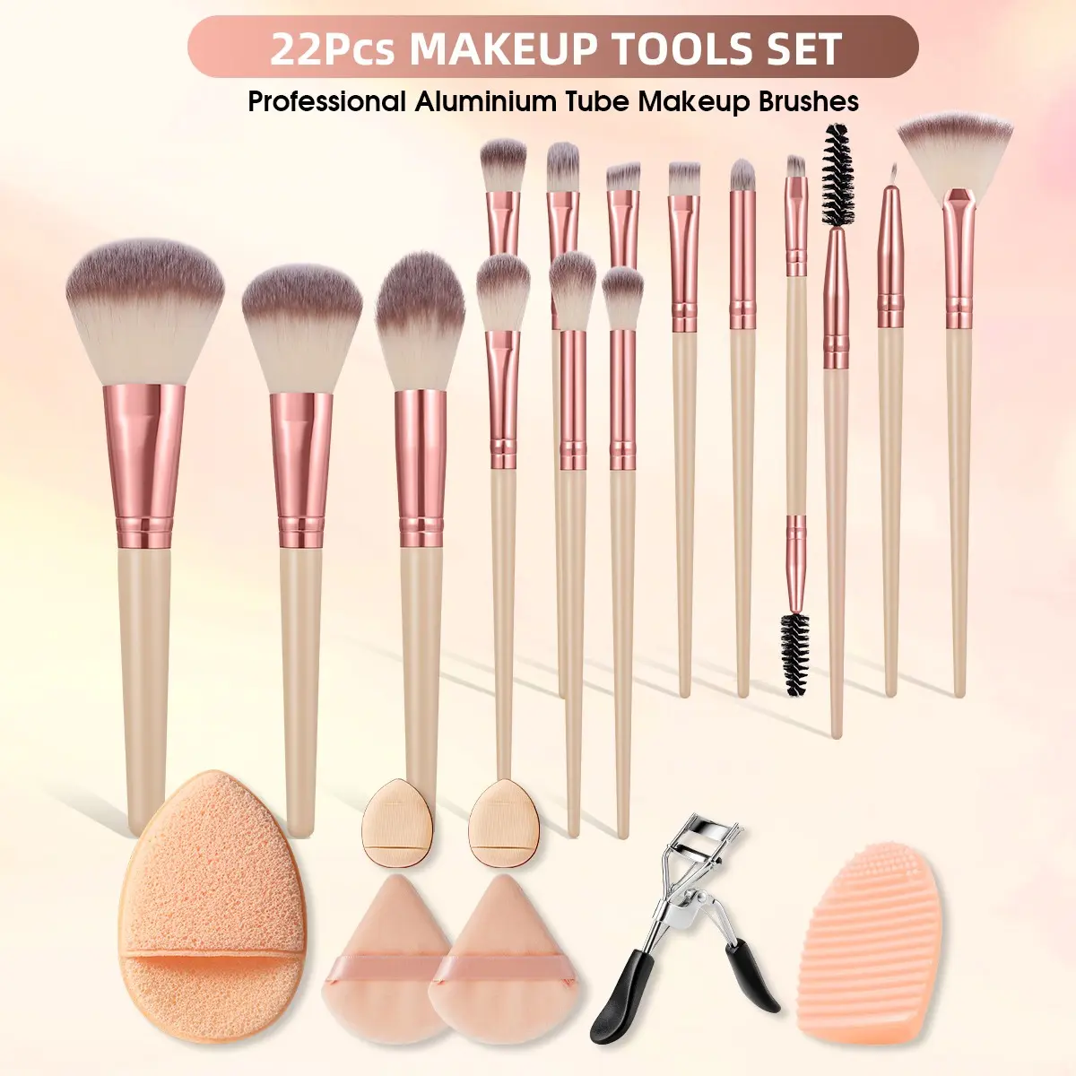 22-Piece Makeup Tool Set, 15 Rose Gold Aluminum Brushes, 7 Accessories, Foundation, Eyeshadow, Brow Brush Heads, Beauty Sponge, Mascara Wand