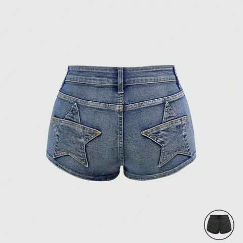 Women's Casual Retro Low-Rise Super Short Butt Pocket Star Patch Low Waist Denim Shorts, Pocketed Denim Shorts, Y2K Stretch Denim Shorts, Comfortable and Stylish Summer Bottoms, Perfect for Daily Wear and Leisure Activities