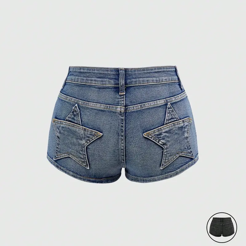 Women's Casual Retro Low-Rise Super Short Butt Pocket Star Patch Low Waist Denim Shorts, Pocketed Denim Shorts, Y2K Stretch Denim Shorts, Comfortable and Stylish Summer Bottoms, Perfect for Daily Wear and Leisure Activities