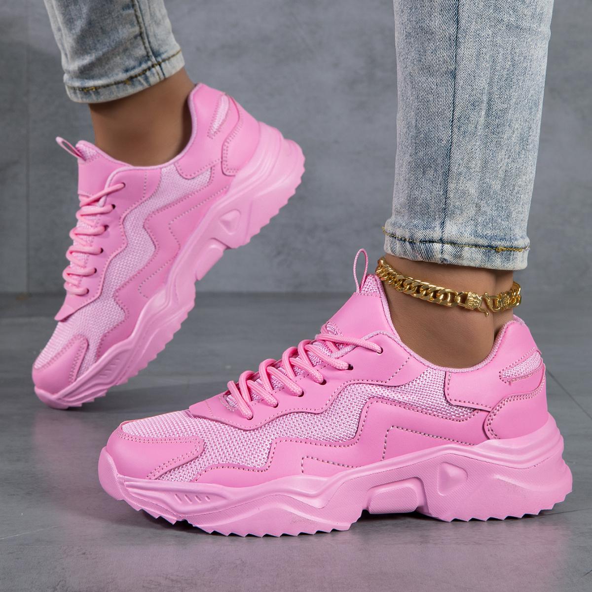 Women's Solid Color Casual Sneakers - Breathable Sneakers with Thick Sole, Low-top Lace-up Walking Shoes, EVA Sole, Fabric Lining - Cortable Ankle Sock Shoes for Fitness and Walking, Fashionable Shoes for All Seasons - For Women .