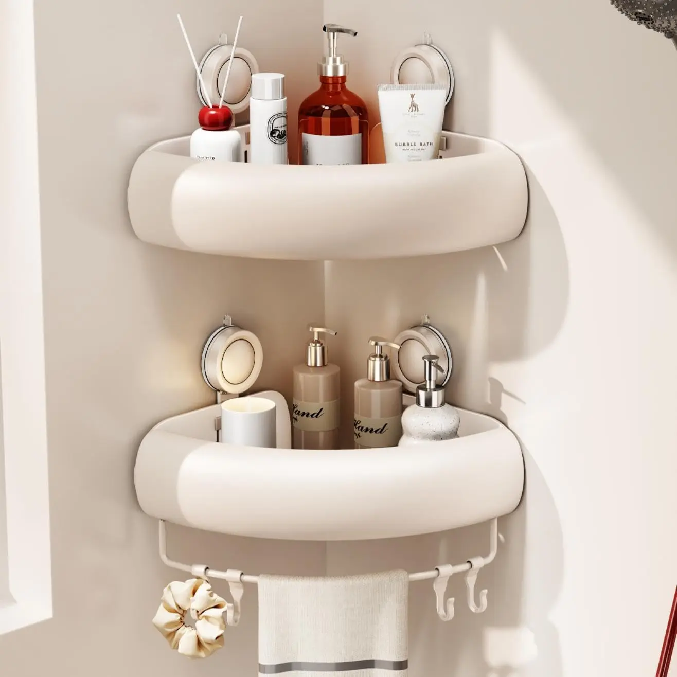 CICUFY Shower Caddy Suction Cup, 2 Pack No Drilling Corner Shower Shelves, Rust Proof Bathroom Storage Organizer, Shower Corner Caddy with Removable Hooks and Towel Bar, Triangle, Cream