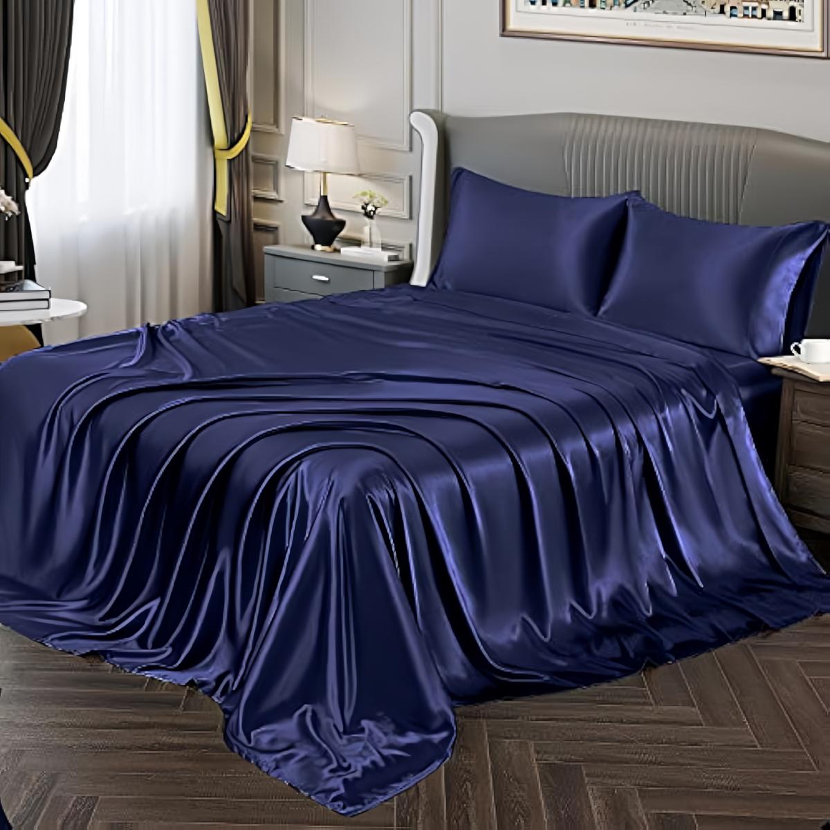 Solid Color Satin Bedding Set, 3/4 Counts Luxury Bedroom Bed Sheets Includes 1 Flat Sheet, 1 Fitted Sheet, and 1/2 Pillowcase without Filler, Room Accessories, Silky Fitted Sheet