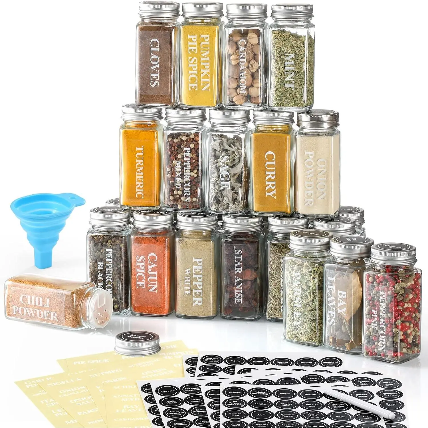 24-Count 4oz Empty Square Glass Jars with Airtight Metal Caps, Airtight Seals, Glass Body, Square Form, Labels, Collapsible Funnel for Condiments, Seasoning Shaking