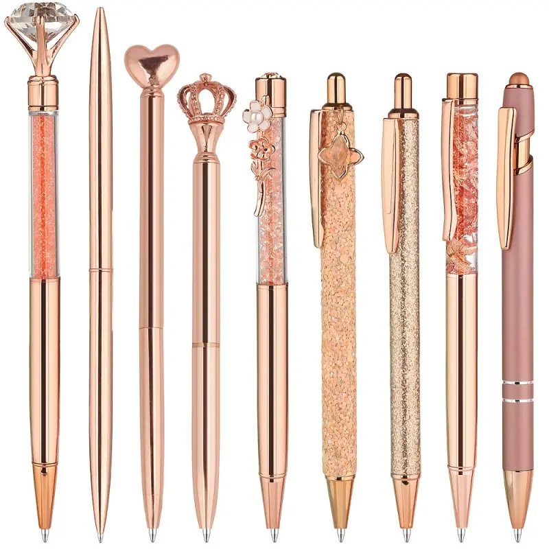 9 Pack Rose Gold Metal Ballpoint Pens Set, Luxury Crystal Diamond Glitter Filled Writing Pens, Smooth Ink Designer Pens with Crown Heart Floral Toppers, Elegant Stationery for Journaling Note Taking, Premium Gift for Women, Office School & Holiday Present
