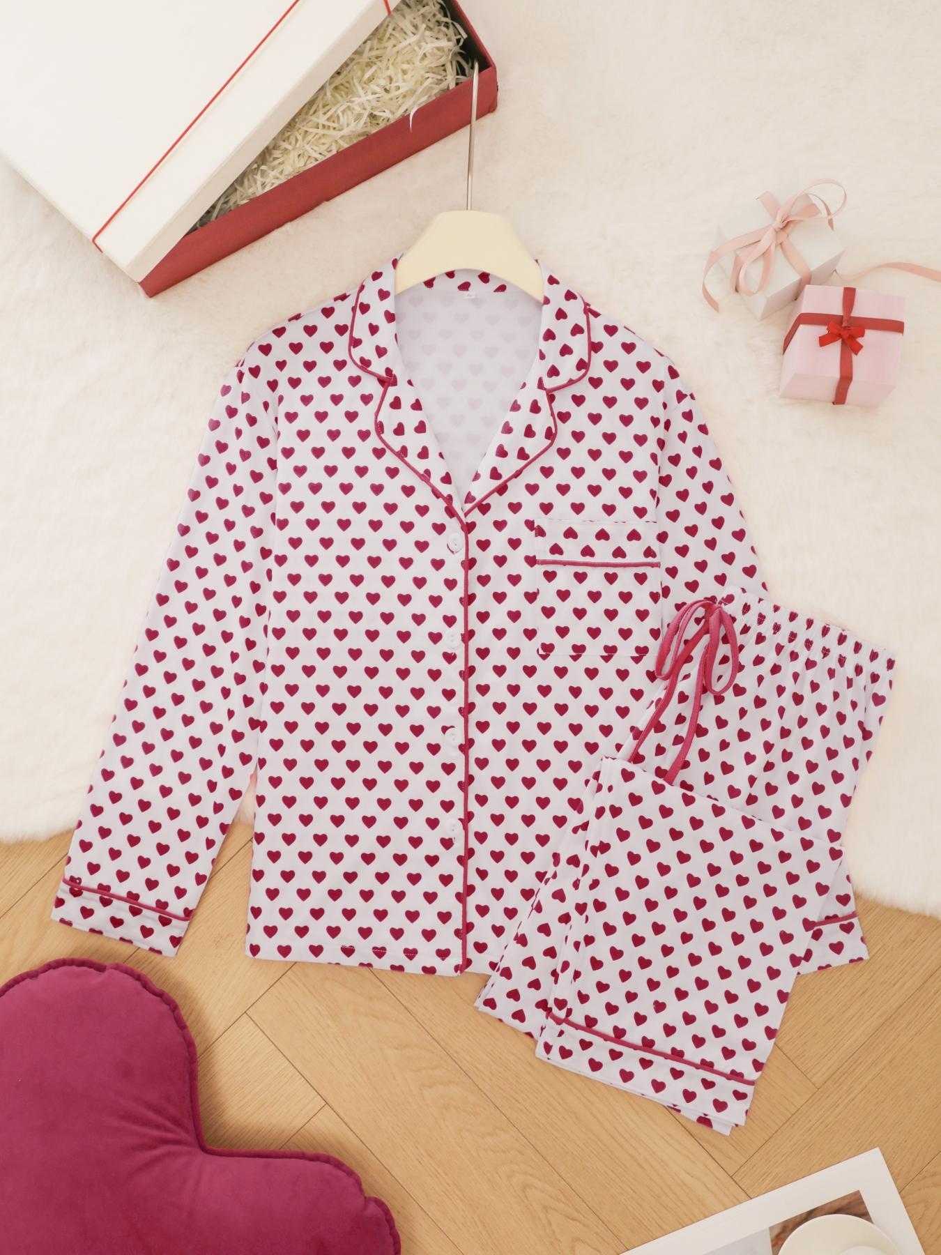 Women's All Over Print Lapel Neck Pajama Set, Long Sleeve Button Top & Tie Front Pants PJ Set, Casual Comfy Loungewear Set for Women