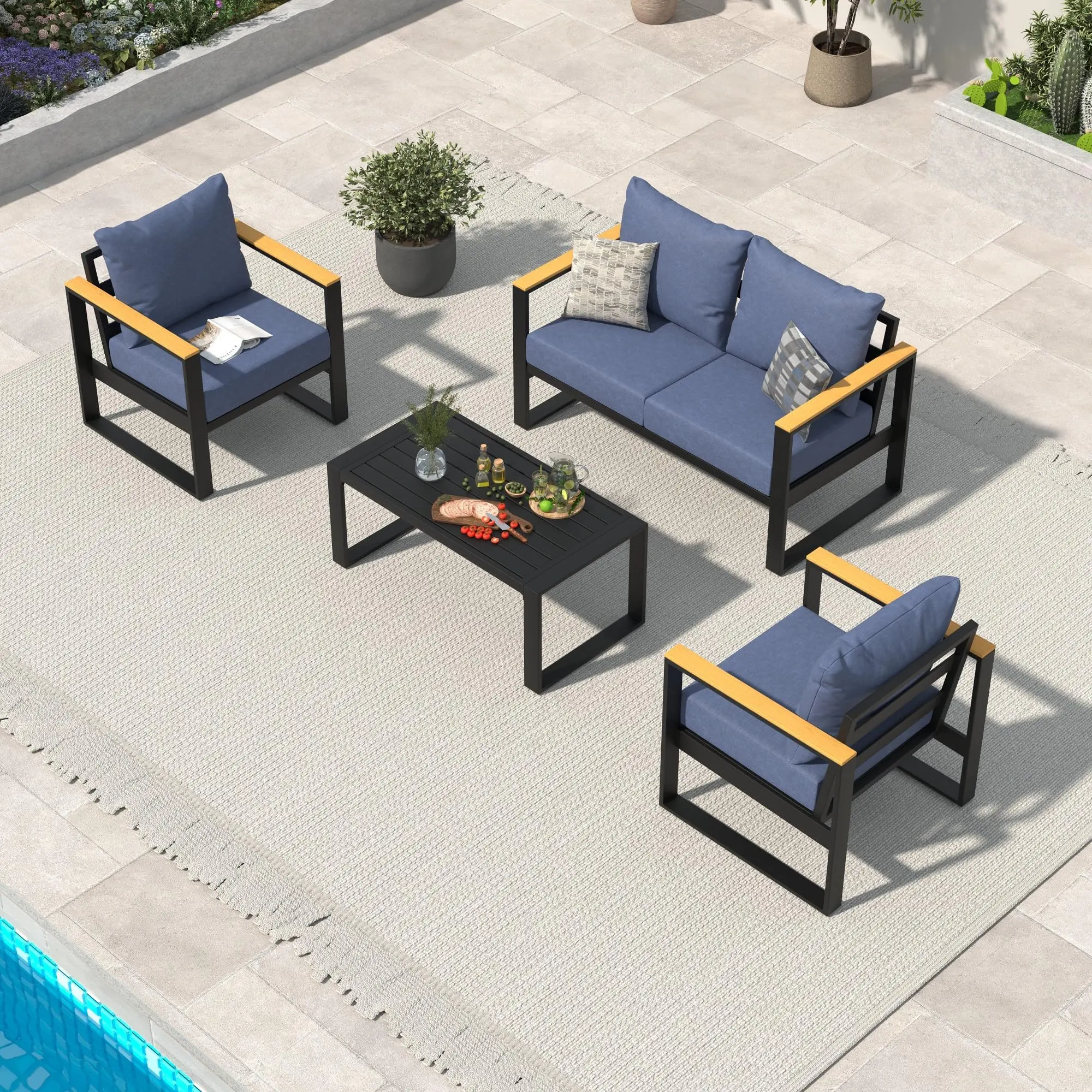 IdealHouse 2-Seater Outdoor Sofa Set with 2 Matching Armchairs - Aluminium Frame, High-Density Cushions, Lightweight, Weatherproof, Durable Modern Outdoor Furniture with Elegant Silhouette for Gardens, Balconies