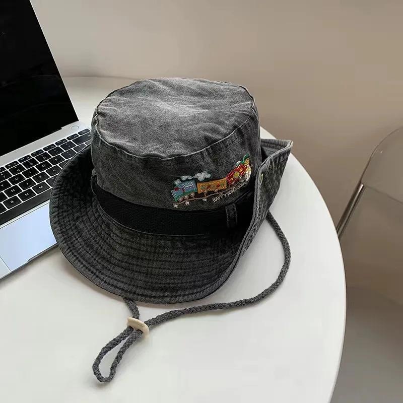 1pc Summer Train Embroidery Panama Hat for Women Beach Sun Protection Bucket Hat Retro Bob Fisherman Hats Visor Fishing Caps