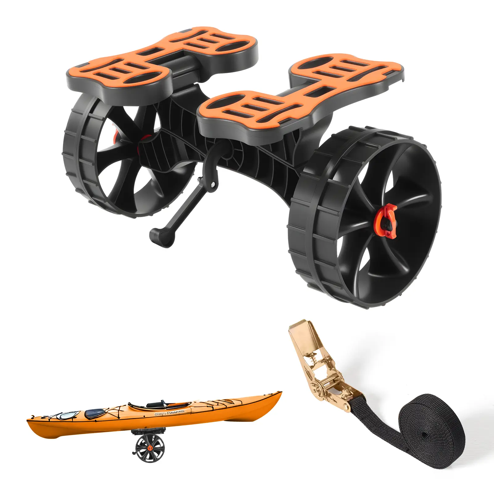 Kayak Cart, 300 lbs Load Capacity, Foldable Kayak Trolley with 10-inch Solid Rubber Tires & 1 Ratchet Strap, Paddle Board Trolley for Carrying Kayaks, Canoes, Paddleboards, Float Mats, Jon Boats