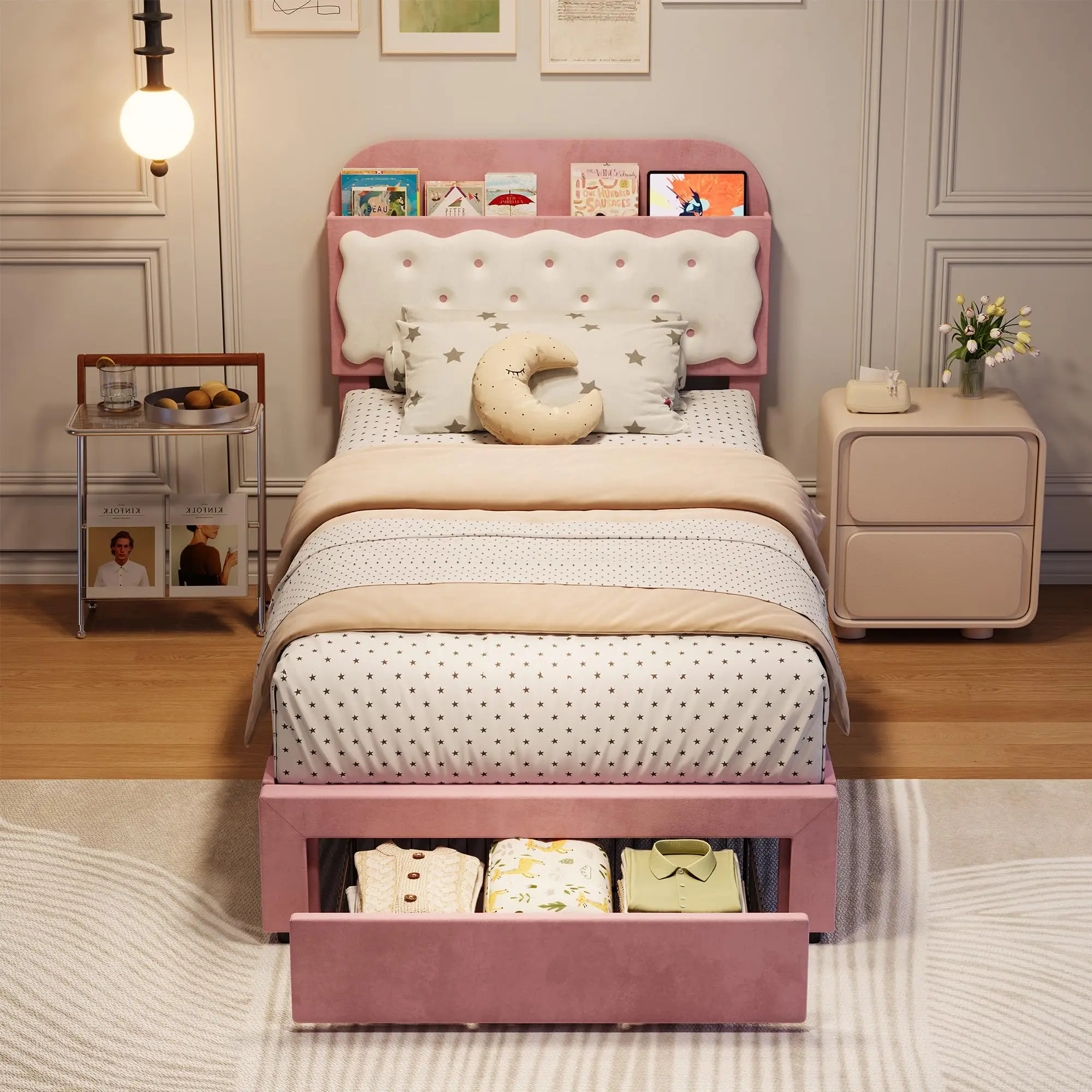 Velvet Upholstered Twin Frame Platform Bed with Biscuit Tufted Storage Headboard, Sturdy Wood Slats, Storage Drawers, No Box Spring Needed, Easy Assembly