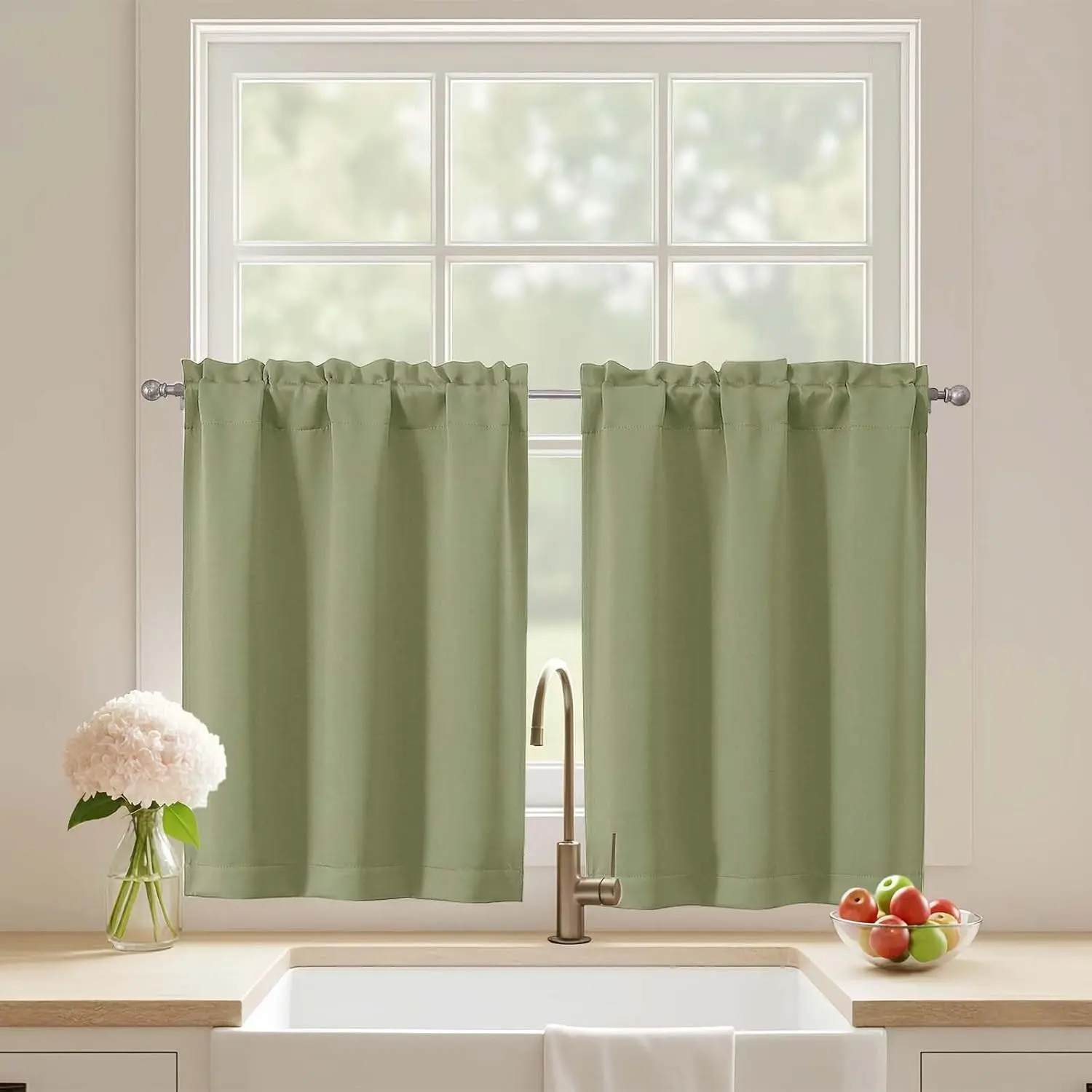Sage Green Solid Modern Triple Weave Blackout Curtains, 2x30Wx30L Inches Rod Pocket Half Tiers for Kitchen Small Windows, Light Blocking Machine Washable for Bathroom Use