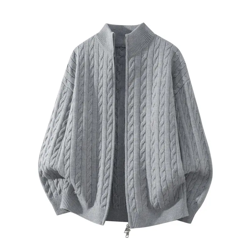 Men's Acrylic Blend Long Length Cable Knit Cardigan - Stand Collar, Full Zip, Dual Zipper, All-Over Twisted Cable Texture, Ribbed Edges, Dropped Shoulder, Loose Oversized Fit, Soft Warm Outer Layer for Everyday Tops & Clothes (Spring Autumn Layering), Cas