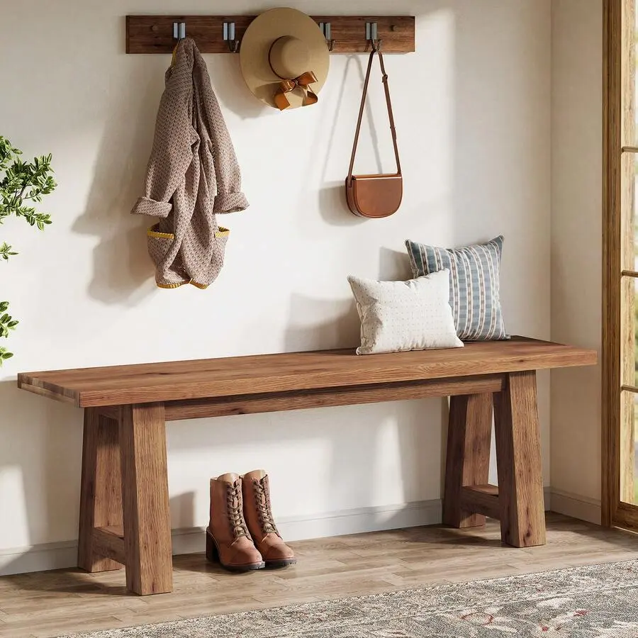 55" Solid Wood Bench, Farmhouse Long Bench Entryway, Dining Room, Hallway, Rustic Brown