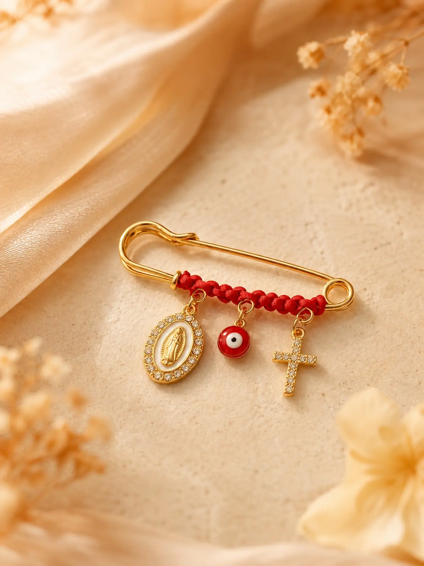 Maternity and Infant Protection Brooches, Religious Amulets, Pregnancy Safety Pins Brooches  Virgin Mary, Cross, and Evil Eye Belly Ornament Pins