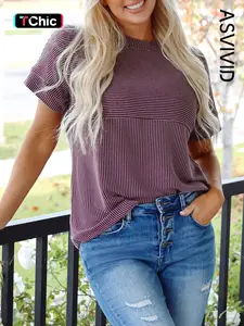 Women's Casual Basic Versatile Plain Solid Color Twisted Rib Knit Crewneck Short Sleeve Top T-Shirt for Summer