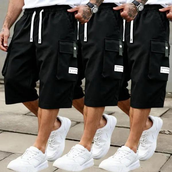 3 Pack Men&rsquo;s Cargo Shorts, 7/8 Length, Summer Drawstring Waist, Large Pockets, Letter Patch Details, Fashionable Casual Athletic Shorts