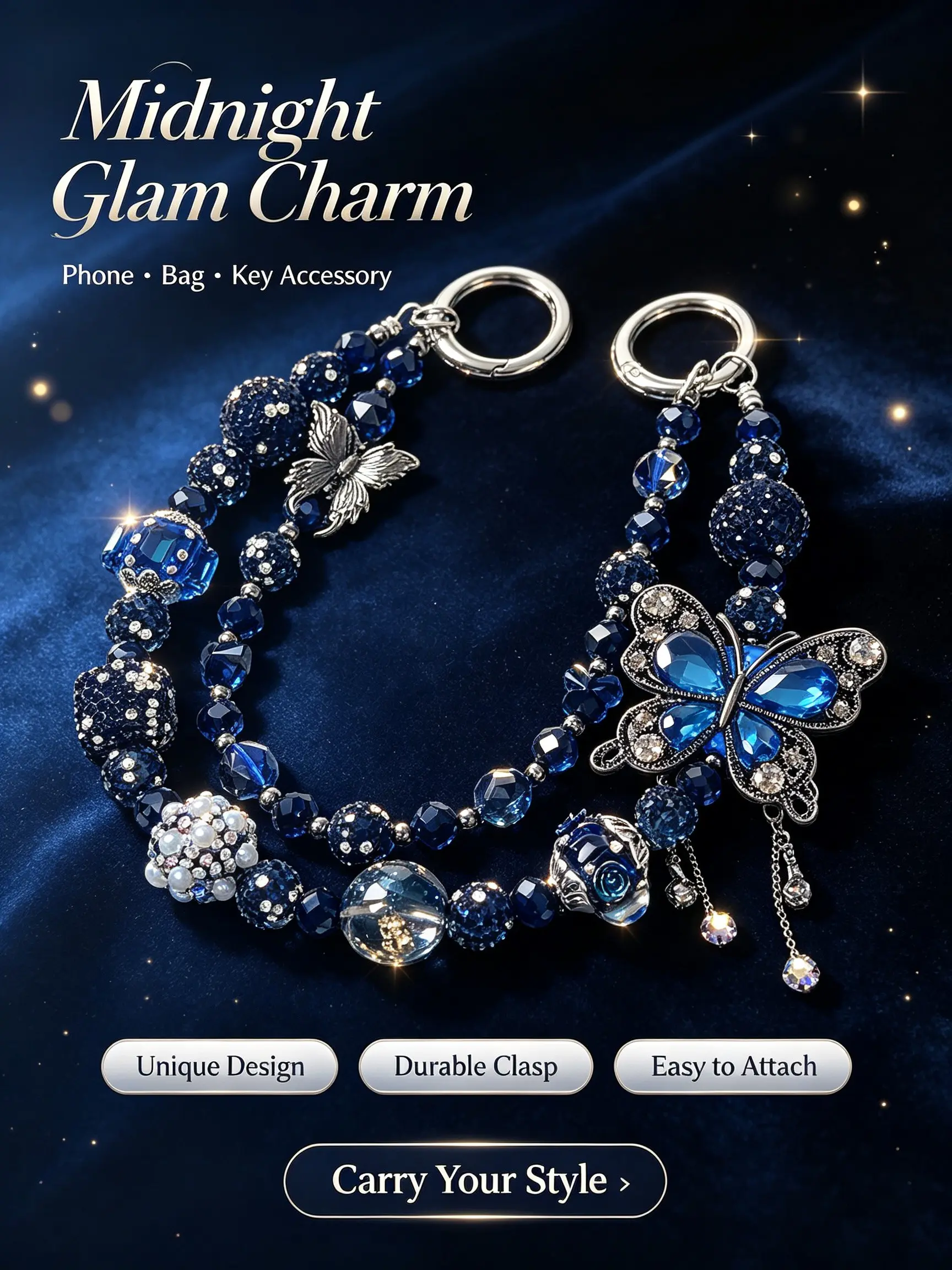 Butterfly Crystal Beaded Phone Charm, Sparkling Rhinestone Bag Keychain, Fashion Handbag Strap Pendant, Aesthetic Bling Key Ring Accessories Gift For Women