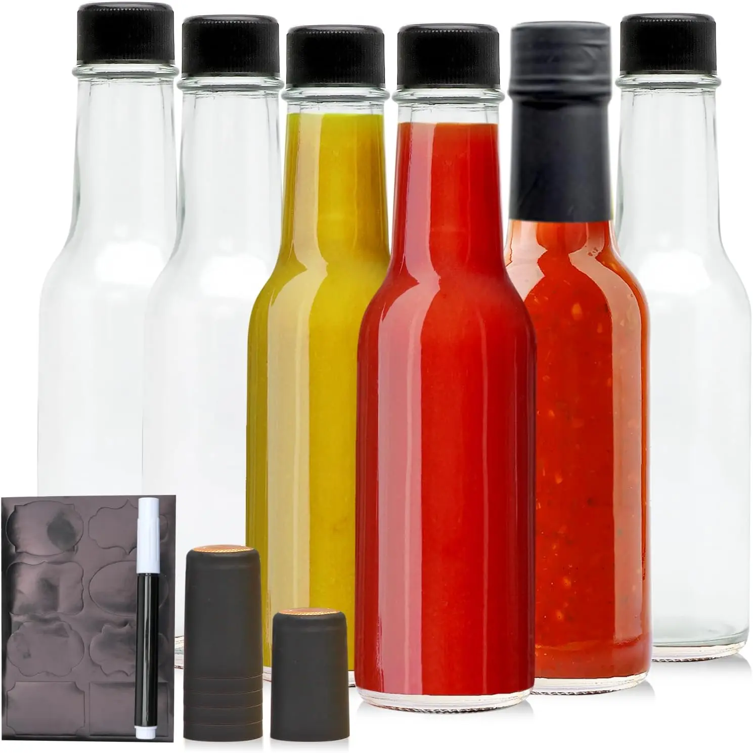 5oz Glass Bottle, Clear Woozy Bottles with Shrink Capsules,Empty Small Beverage/Canning Bottles with Black Caps for Kitchen and Party,6 Pack