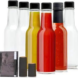 5oz Glass Bottle, Clear Woozy Bottles with Shrink Capsules,Empty Small Beverage/Canning Bottles with Black Caps for Kitchen and Party,6 Pack