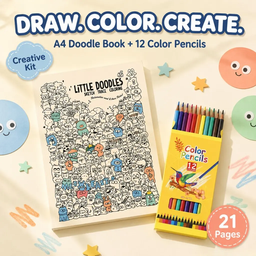 A4 Line Drawing Coloring Book with 12 Colored Pencils, 21 Pages Cartoon Patterns, Creative Activity Kit for Kids, Doodle Tracing and Fine Motor Control Practice Workbook for Home, Travel, Family Craft Time and Birthday Gifts