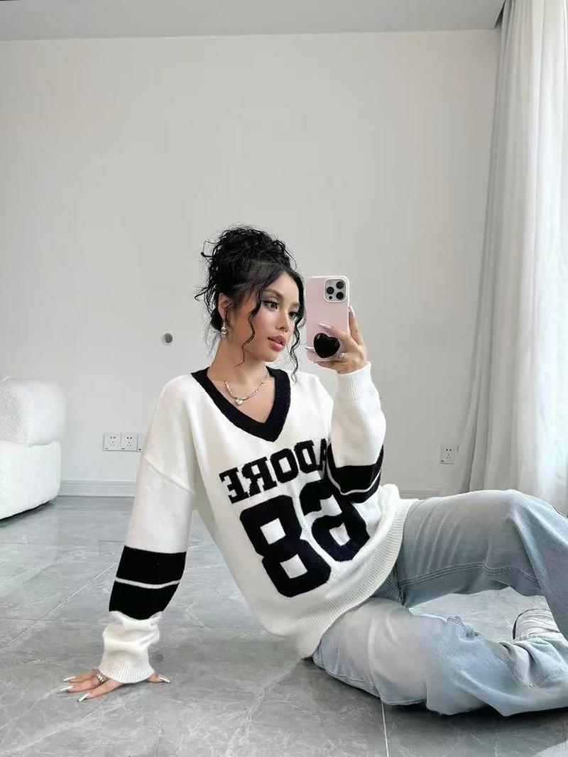 Autumn Winter Color Block V Neck Sweater for Women, Casual Loose Knitwear with Letter Design, Trendy Streetwear, Comfortable Long Sleeve Sweatshirt