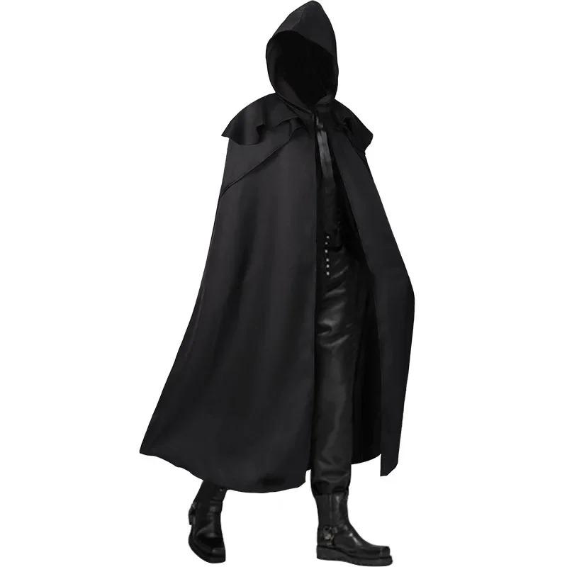 Medieval Vintage Hooded Loose Black Cloak Coats Windproof Trench Chic Winter Long Cape Poncho Mens Monk Cosplay Menswear Clothes