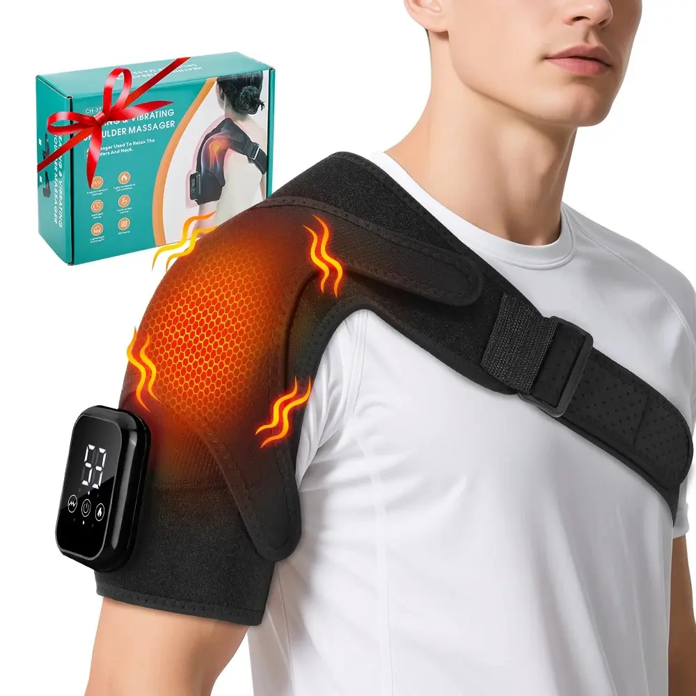 Electric Shoulder Massager with Heating Vibration, Wireless Hot Therapy Strap, LED Display Adjustable Temperature, Home Use