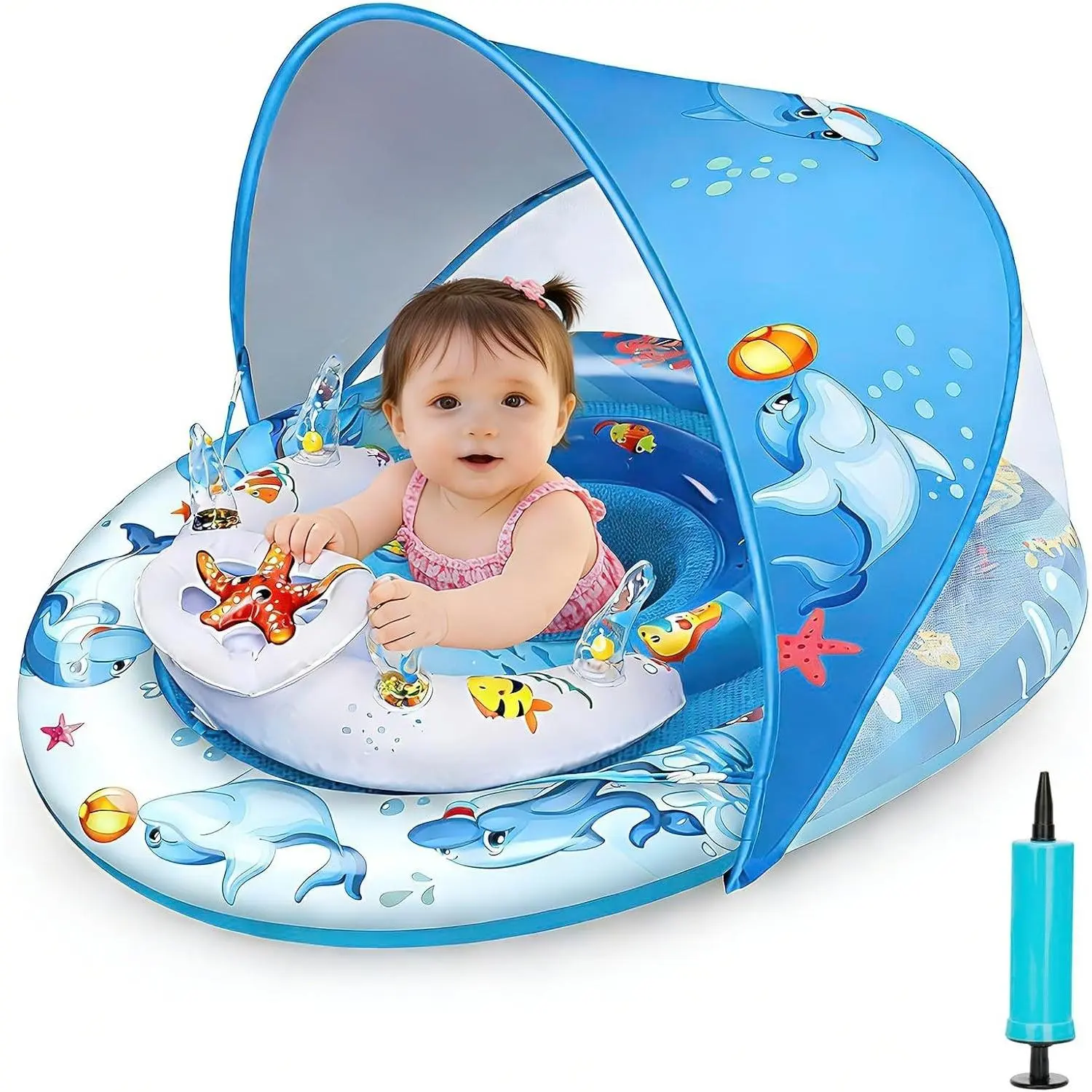 Baby Pool Float with 120° Adjustable UPF50+ Canopy, Anti-Flip Double Air Chamber Safety Seat, 2-in-1 Backstroke Breaststroke Thick PVC Swim Ring with Animal Toys for 3-36M Infants ToddlersGift