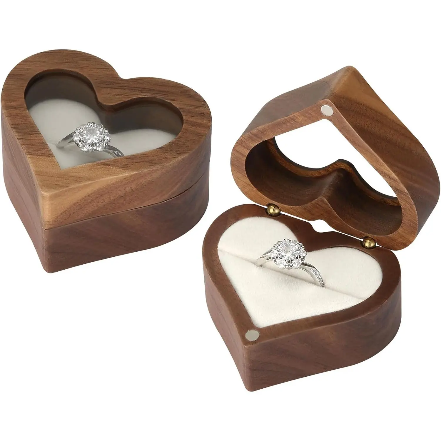 Ring Display Box with Transparent Cover Single Slot 2 Slot, Heart Shaped Personalized Wooden  Box for Proposal Engagement Wedding Ceremony Anniversary (White - 1 Slot)