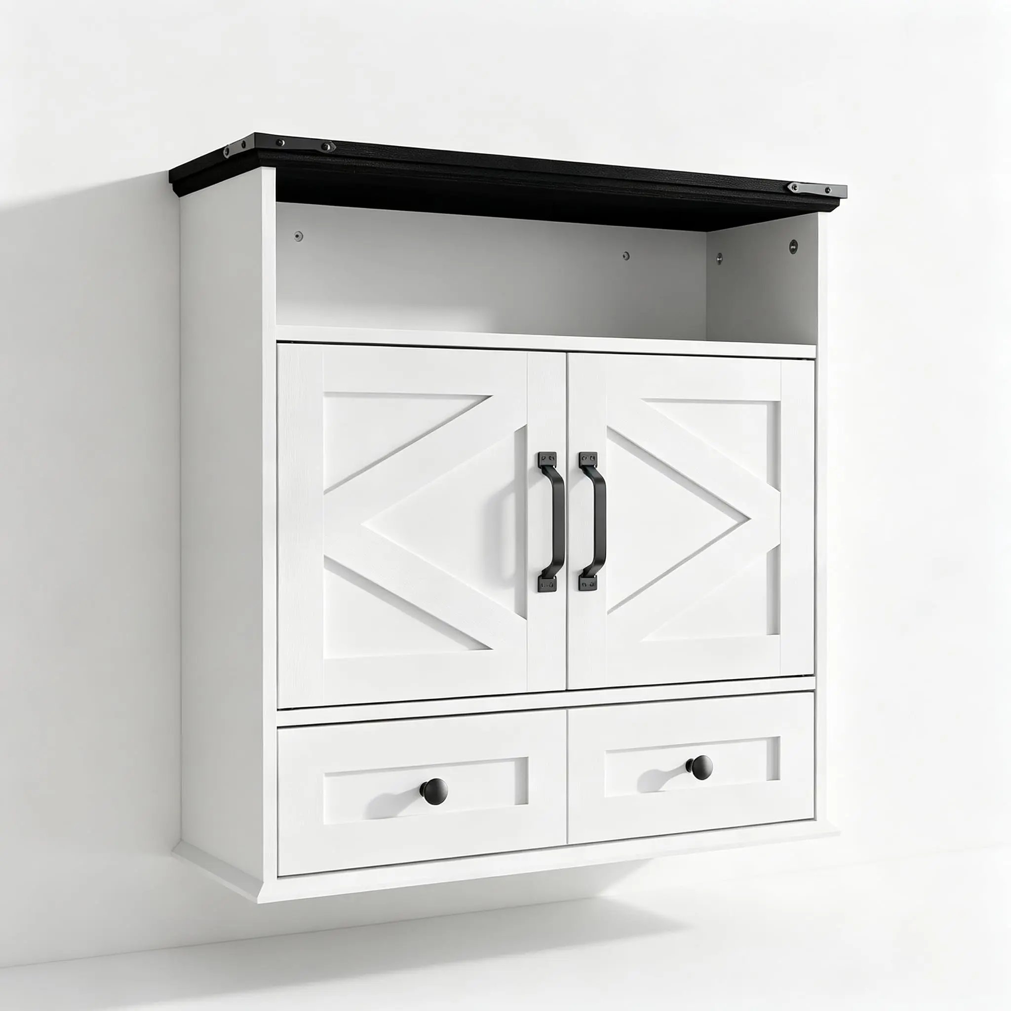GARVEE Cabinet with mural painting bathroom farmhouse style - Sliding doors, adjustable shelf, built-in drawer - For storage above toilet, kitchen or hallway, sturdy wood - With