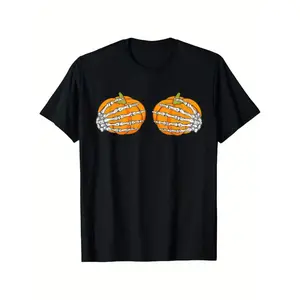 Men's Graphic T-Shirt Featuring Skeleton Hands and Pumpkin Design Perfect for Halloween Casual Wear and Outdoor Activities in Breathable Cotton