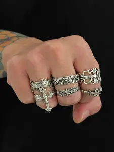6-Piece Punk Style Cross Ring Set, Fashionable Streetwear Jewelry, Dark Aesthetic Rings, Perfect for Daily Wear and Holiday Decorations, Trendy Accessories
