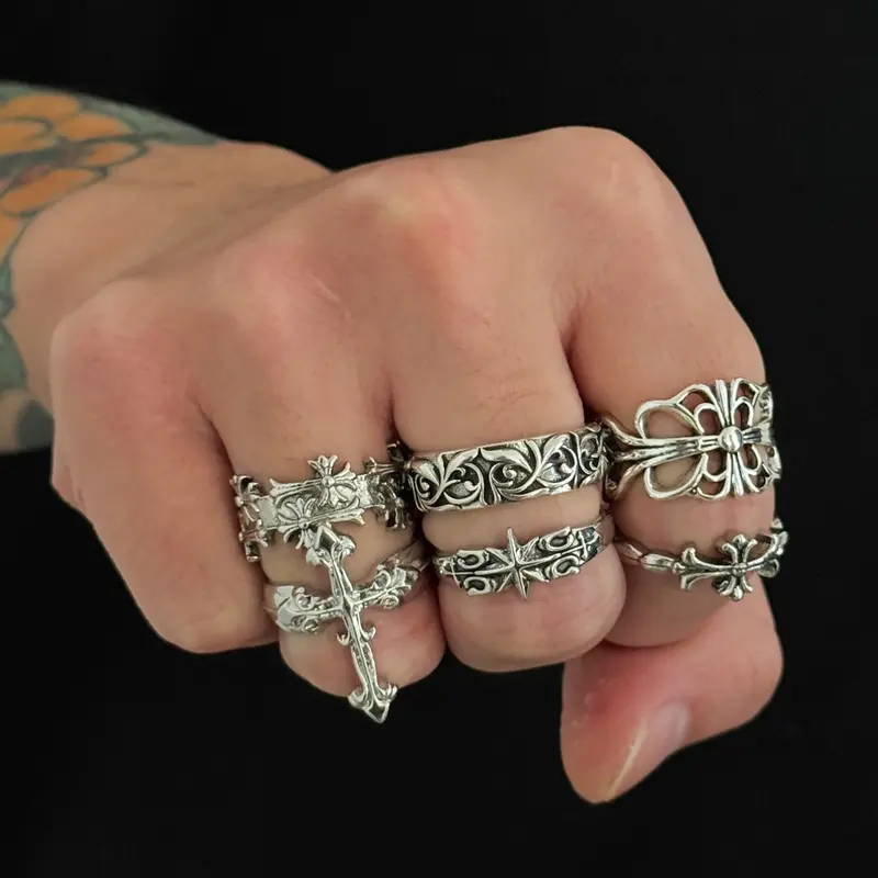 6-Piece Punk Style Cross Stunning Ring Set, Fashionable Streetwear Jewelry, Dark Aesthetic Statement Rings, Perfect for Daily Wear and Holiday Decorations, Trendy Accessories