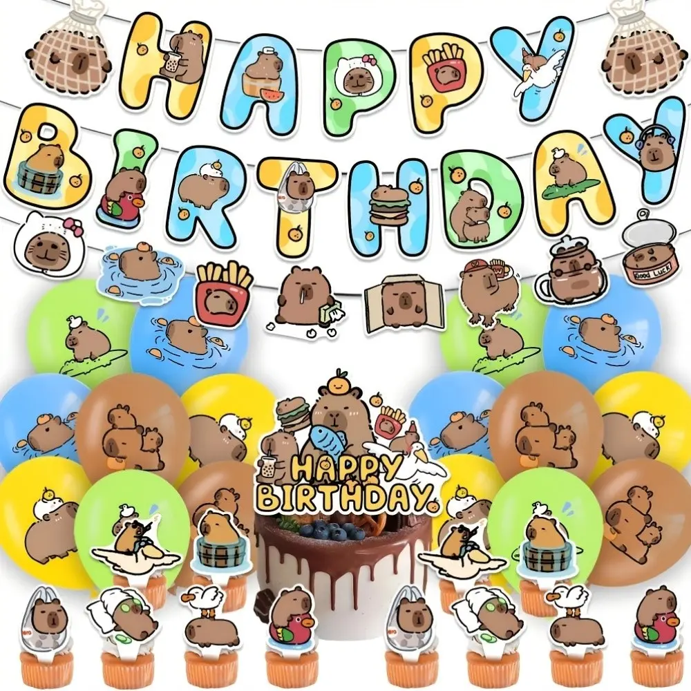 52Pcs/Set Capybara Birthday Party Decor Kit, Happy Birthday Banner, Latex Balloons, Cake Topper &  Cupcake Toppers, Cartoon Animal Themed Birthday Atmosphere Party Supplies
