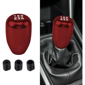 5-Speed Aluminum Manual Gear Shift Knob Replacement - Comfortable Feel, Printed with Gear Characters, Simple and Stylish Design, 3 Types of Adapters, Universal Interior Accessory for Cars, Trucks, SUVs (Red)