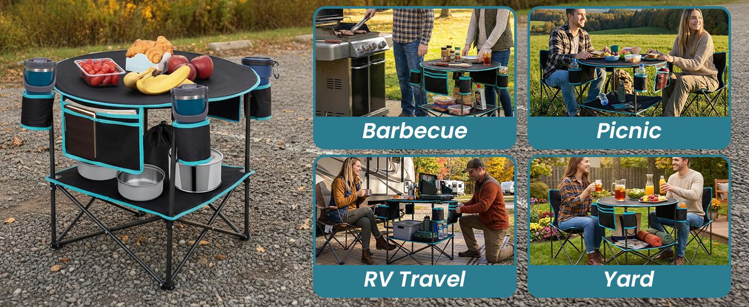All in One Tailgate Table, Portable Beach Table with Cup Holders, Camping Table Foldable with Side Pockets Carry Bag for Camp Outdoor Sand Beach Picnic Fishing Tailgating Essentials