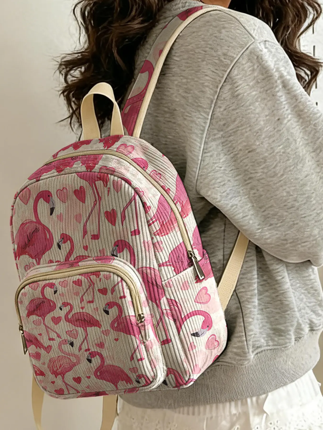 1 piece of lady's two-shoulder bag with flamingo heart pattern 2D printing, chenille texture + layered storage + light weight reduction | perfect for students to go to class/shopping/short trips | combining atmosphere and practicality