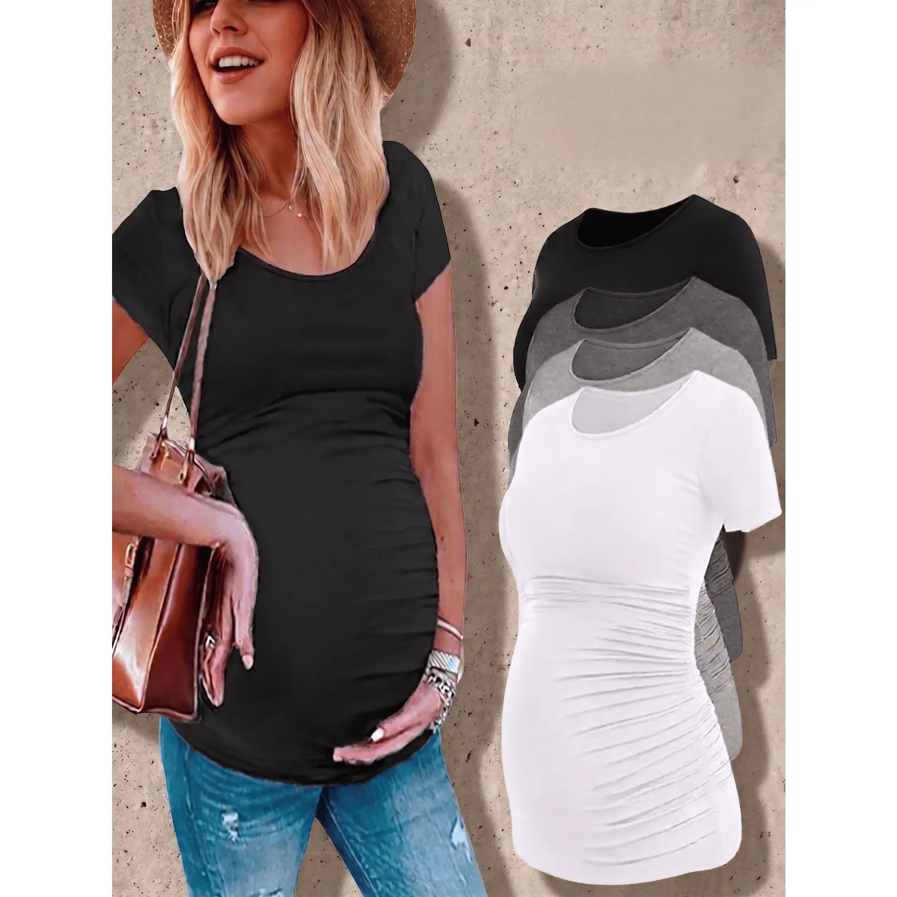 Women's 4-Piece Crew Neck Short-Sleeve Stretch Breathable Casual Fit Maternity T-Shirt Set - Summer Short Sleeve Tops for Pregnant Women