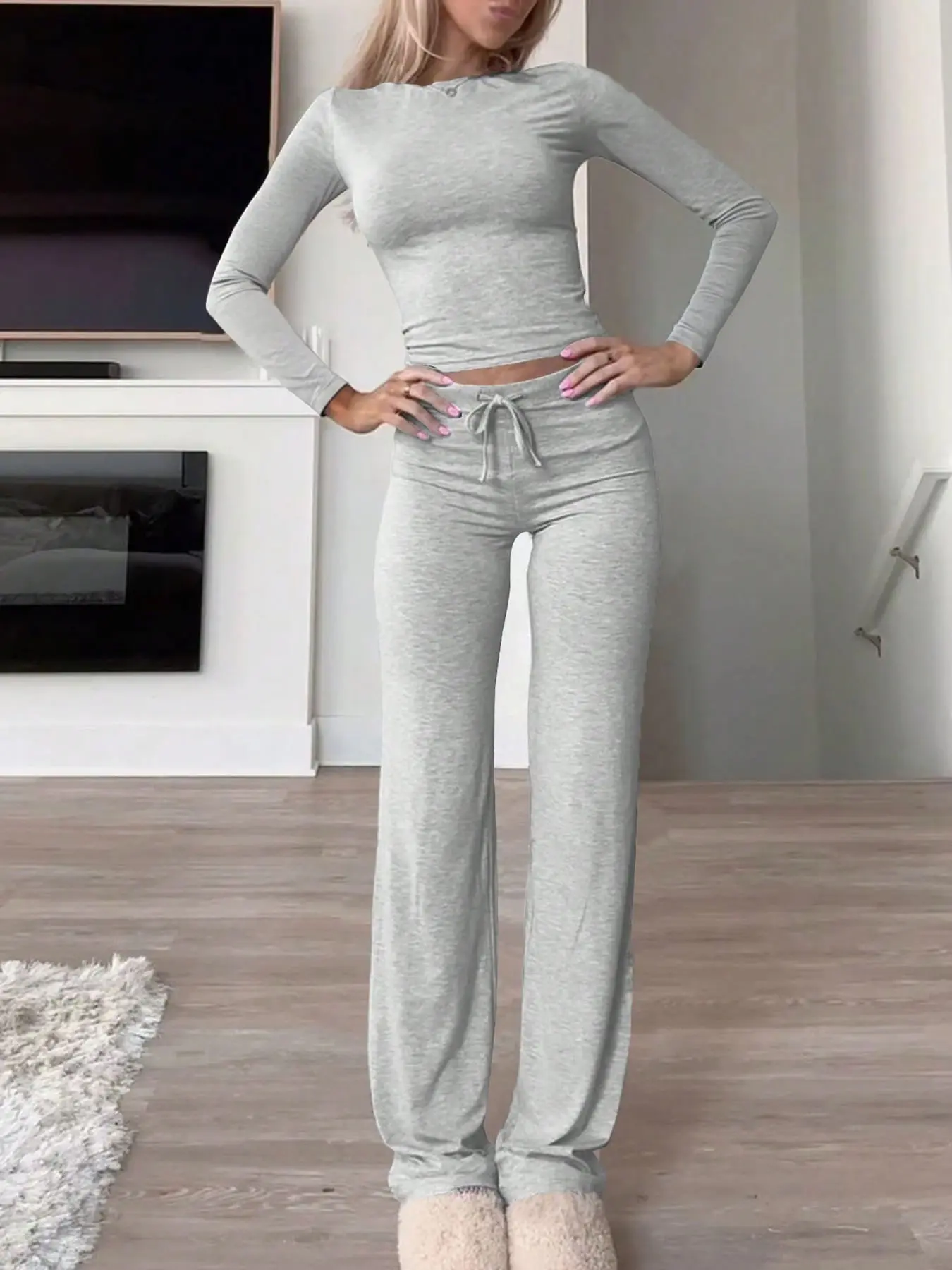 Two-Piece Women's Set, Plain Long Sleeve Short Top with High-Waisted Drawstring Pants, Spring & Fall Casual Slim-Fit