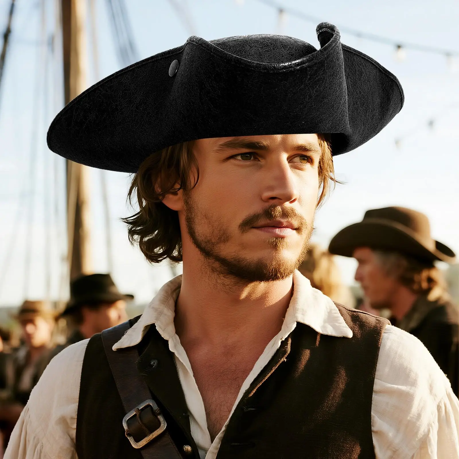 Vintage Distressed Tricorn Pirate Hat in Faux Leather for Men and Women, Adjustable for Halloween Cosplay Parties, Clothes