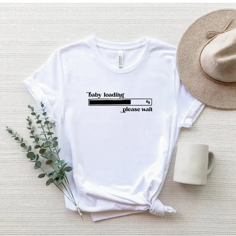 Baby Loading Please Wait Graphic Cotton Short Sleeve T‑Shirt, Cute Oversized Comfort Fashion Outfit, Pregnancy Announcement Best Gift For Her, Valentine's Day Holiday Present For Lover Family Friends