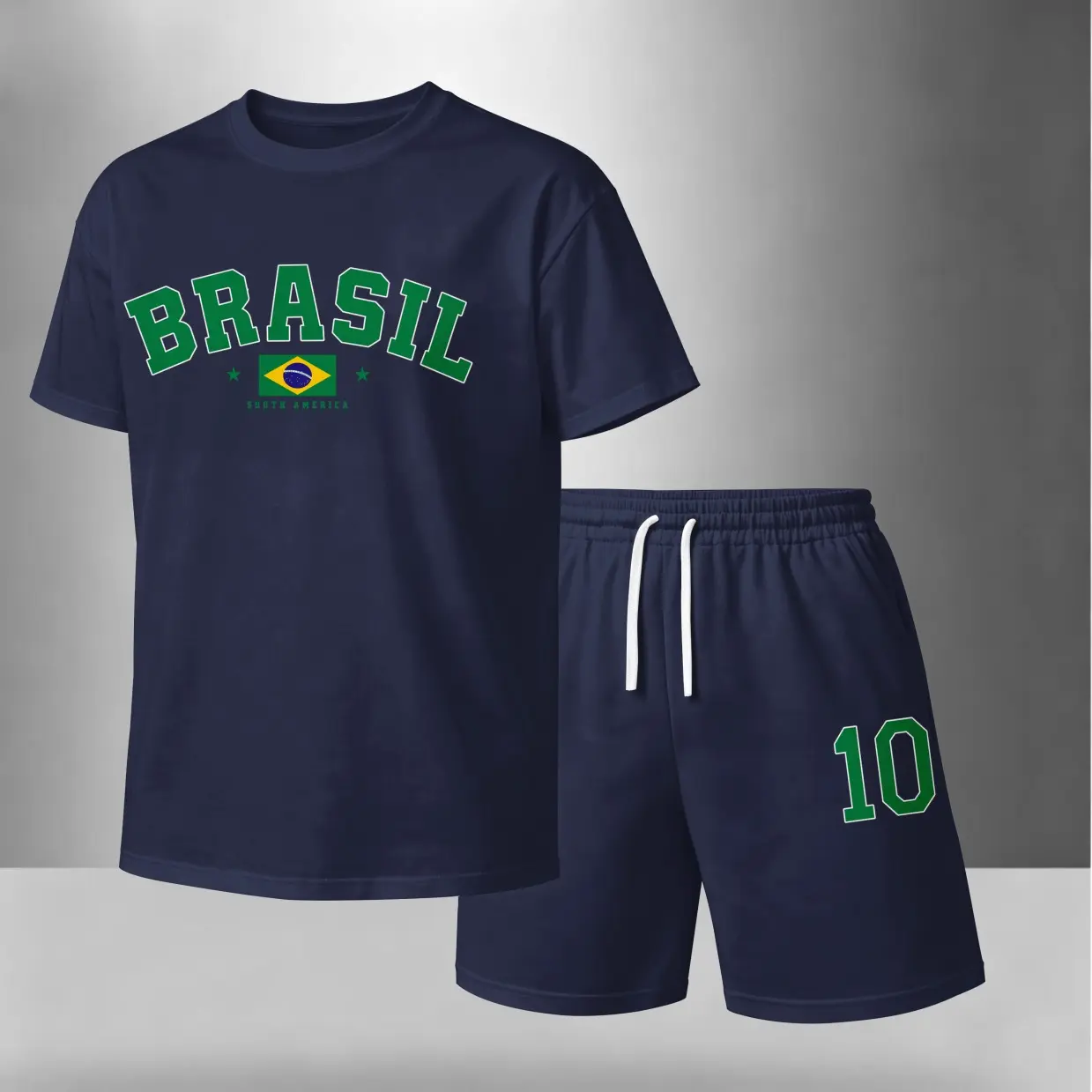 Men’s Brazil No.10 Printed Casual Short Sleeve T Shirt and Shorts Set, Summer 2 Piece Outfit, Soft Breathable Matching Set with Drawstring Shorts for Beach, Outdoor Activities, Travel, Workout, and Everyday Style