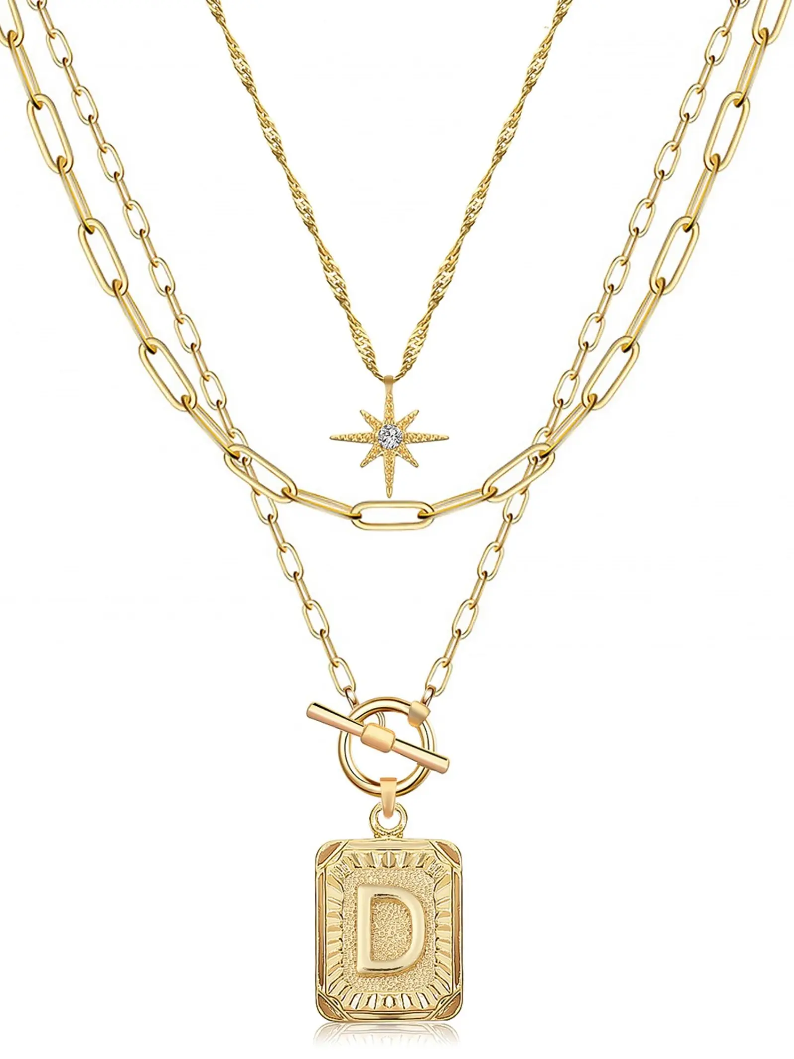 Women's Fashion Layered Letter Necklace, Simple Star Pendant, Square Letter Charm, Paperclip Chain, Unique Jewelry Gift