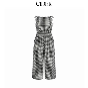 Cider Cotton Gingham Boat Neck Drawstring Wide Leg Jumpsuit Curve & Plus