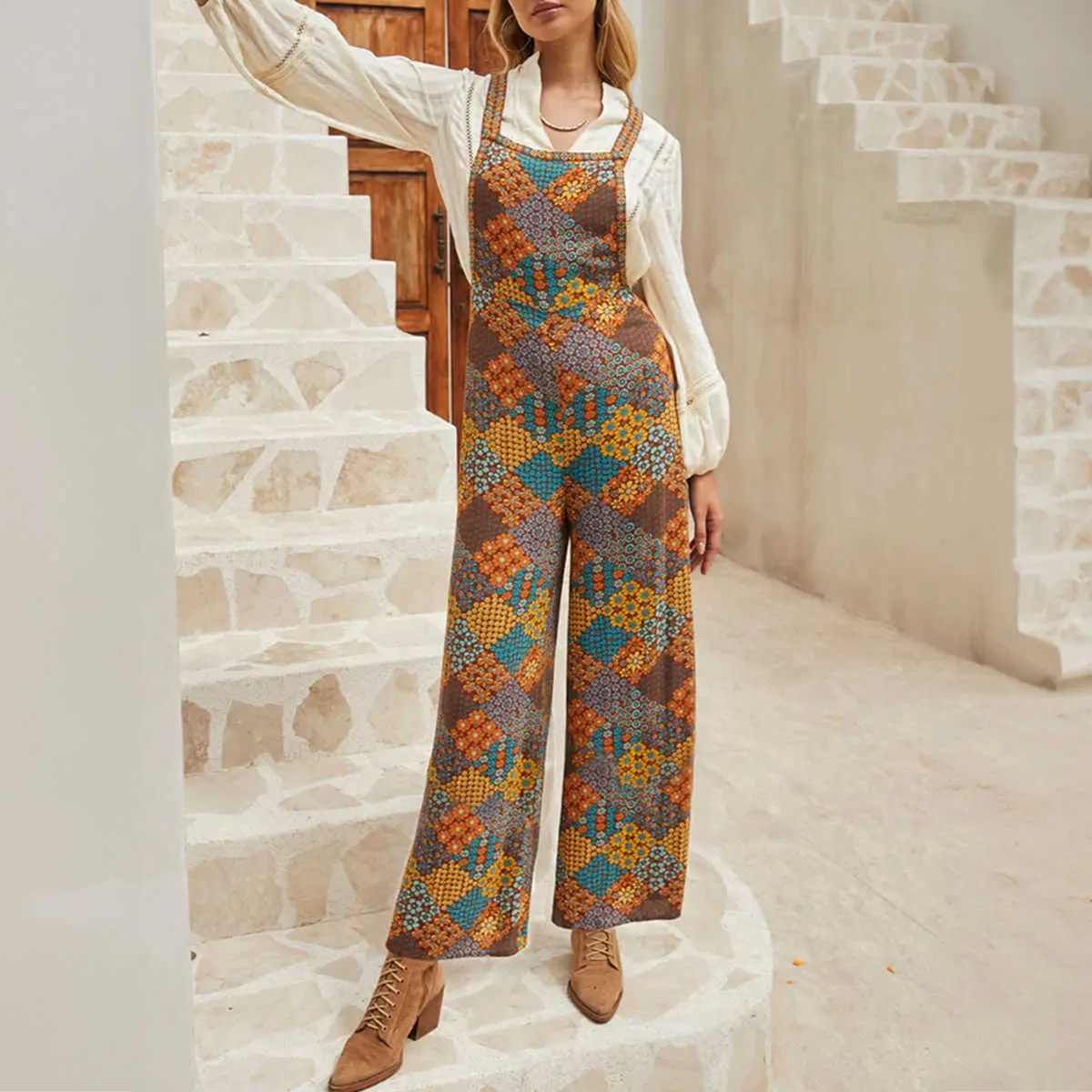 Women's Bohemian Multicolour Floral Print Adjustable Crossed-Straps Ankle-Length Overalls, Everyday Style Jumpsuit, Strappy, Fitted, Sleeveless, Polyester