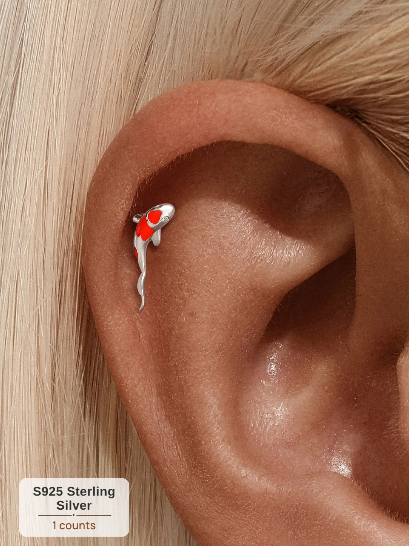 1Pc Waterproof S925 Sterling Silver White Gold Plated Flat Back Stud Earring, Non Tarnish Earrings, Non-Tarnish Hypoallergenic Y2K Bling Rhinestone Accessories, Red Enamel Lucky Koi Fish Cartilage Tragus Piercing Stud Single Jewelry Gift for Her Women