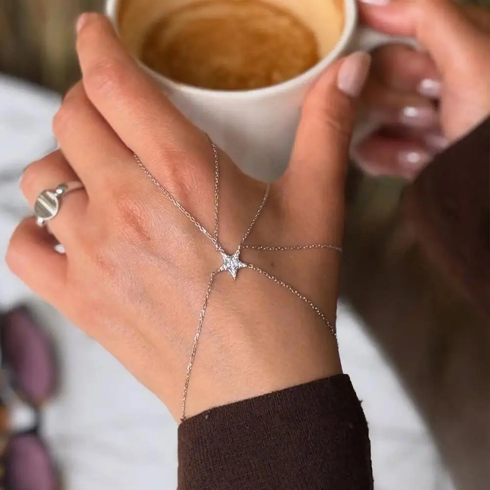 Star Rhinestone Double Finger Hand Chain Bracelet, Minimal Sparkly Finger Bracelet Jewelry For Women, Trendy Accessory For Wedding, Party, Date Night And Daily Everyday Outfit Matching