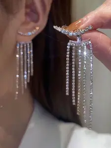 2 Pcs Elegant Earrings Set, Luxurious Rhinestone & Crystal Fringe Studs, Fashionable Jewelry for All Seasons, Plain Style, Iron Chain Material