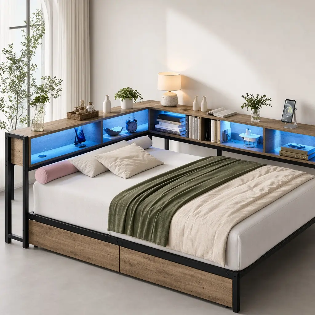 ARCH Twin Size Corner Bed Frame with Bookcase, LED Lights, Charging Station, 2 Underbed Drawers, No Box Spring Needed, Space-Saving, MDF+Metal, Grey, Usb Port, 46.90" W X 96.90" D X 31.50" H