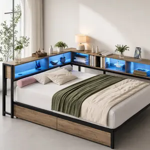ARCH Twin Size Corner Bed Frame with Bookcase, LED Lights, Charging Station, 2 Underbed Drawers, No Box Spring Needed, Space-Saving, MDF+Metal, Grey